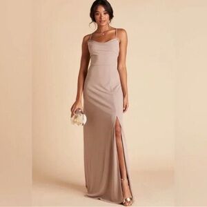 BIRDY GREY Ash Dress Crepe Taupe Cowl Neck Slit Bridesmaid Dress Size XS